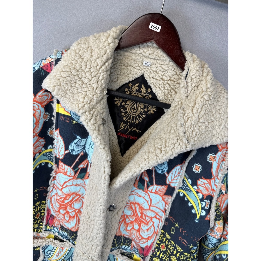 Johnny Was Biya Floral Patchwork Sherpa Jacket Boho Coat Size S Faux Shearling‎